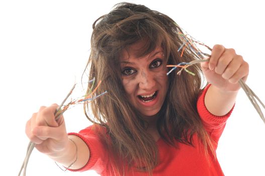 young woman with dark face electrical explosion shock concept connect