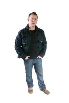young boy in jacket isolated on white background