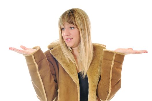 happy woman in winter coat isolated on white