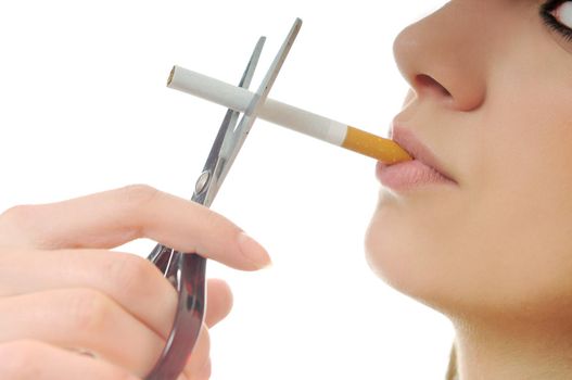 woman isolated on white stop smoking cigarette
