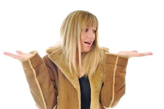 happy woman in winter coat isolated on white