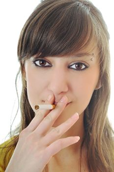 woman isolated on white stop smoking cigarette