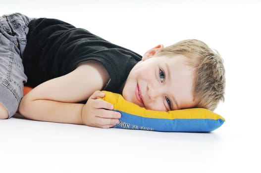 happy kid play on floor isolated on white