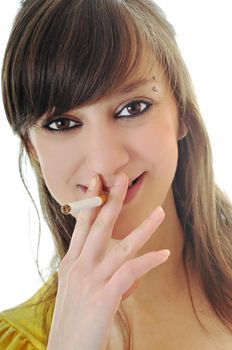 woman isolated on white stop smoking cigarette