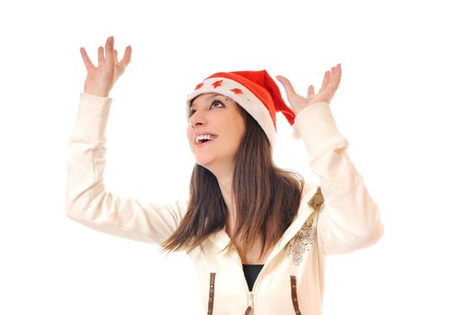 young happy woman with santa hat isolated on white