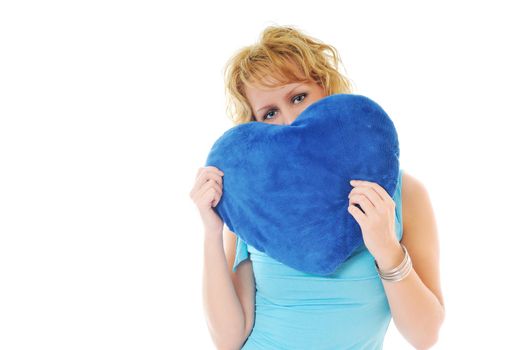 happy young woman with heart isolated on white