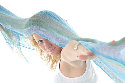 happy young woman with blue scarf isolated on white