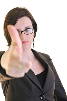 business woman isolated on white pointing