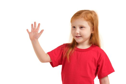 A little girl in a red t-shirt shows gesture - five fingers, isolated on white background. Children's emotions. Child looking away