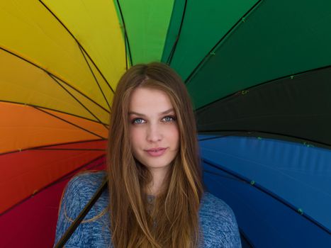 portrait of a young handsome woman with a colorful umbrella isolated on a gray background