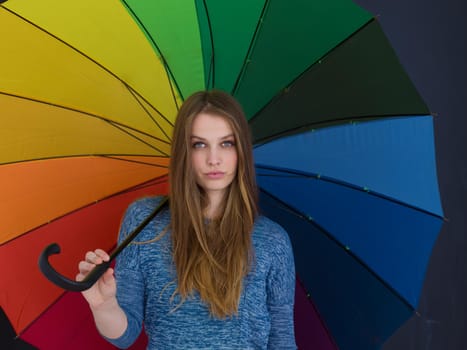 portrait of a young handsome woman with a colorful umbrella isolated on a gray background