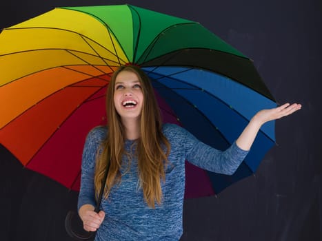 portrait of a young handsome woman with a colorful umbrella isolated on a gray background