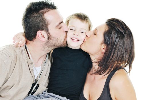 happy young family man and woman play with beautiful child son isolated on white