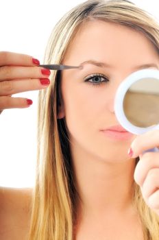 young girl cosmetic beauty isolated eye brow tweezer treatment