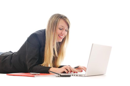 one young teen woman girl work on laptop isolated