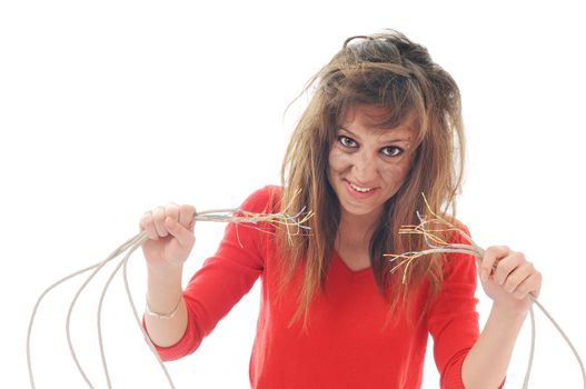 young woman with dark face electrical explosion shock concept connect