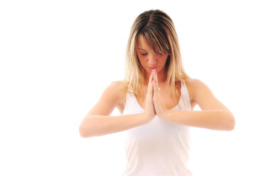 one young fit  woman in white shirt meditating adn exercise  yoga isolated