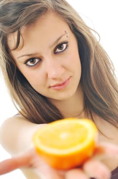 young woman portrait with orange isolated on white 