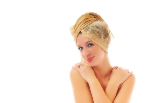 one beautiful young woman portrait isolated hairstily makeup spa and welness concept