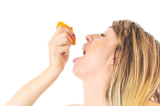 young woman portrait with orange isolated on white 