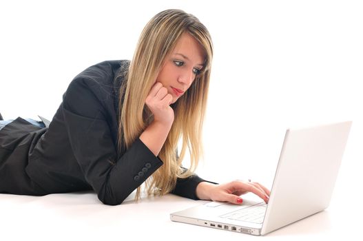 one young teen woman girl work on laptop isolated business