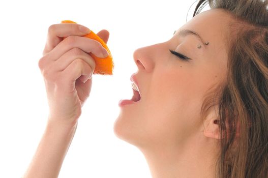 young woman orange isolated fruit food