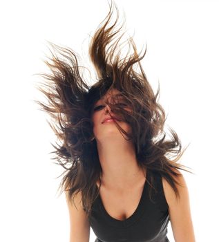 young beauty happy party woman dance with wind in hair isolated