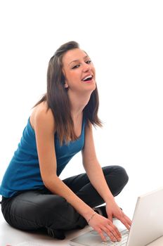 one young teen woman girl work on laptop isolated