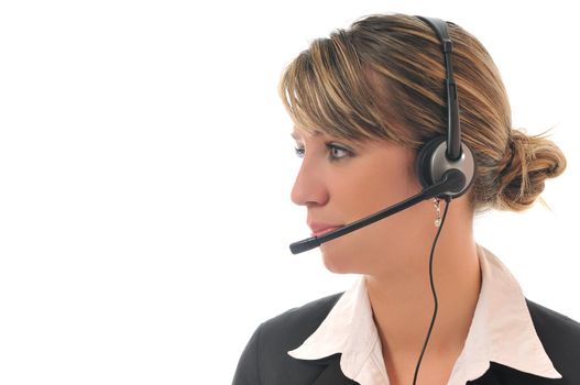 young beautiful business woman with headset phone help customer solution info service