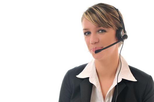 young beautiful business woman with headset phone help customer solution info service