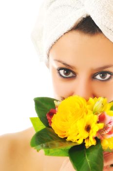 beauty halth and spa wellness isolated young woman face portrait closeup with towel and flower treatment