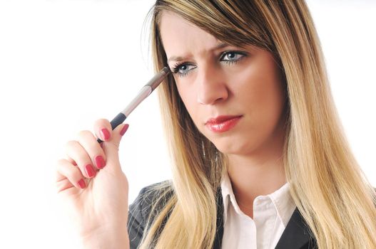 one young business woman portrait with pen on head making decision