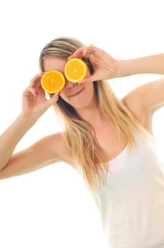 young woman orange isolated fruit food
