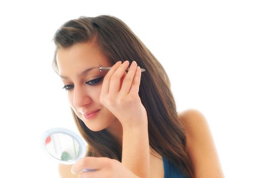 young girl cosmetic beauty isolated eye brow tweezer treatment