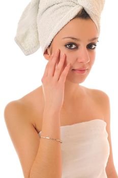 beauty halth and spa wellness isolated young woman face portrait closeup with towel and flower treatment