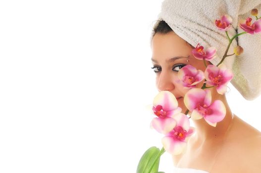beauty halth and spa wellness isolated young woman face portrait closeup with towel and flower treatment