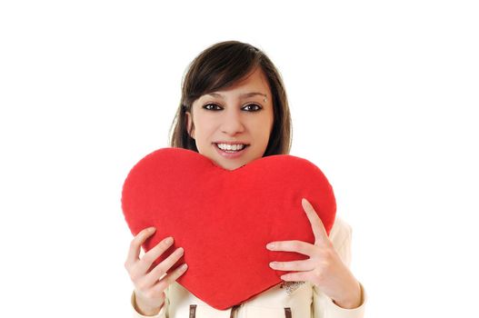 happy young woman with heart isolated on white