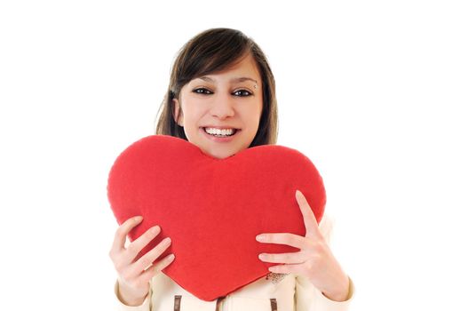 happy young woman with heart isolated on white