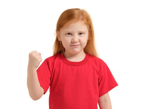 Close-up portrait mad young girl about to have nervous atomic breakdown, fist up in air, angry with someone isolated white background. Negative human emotion facial expression feeling attitude reaction
