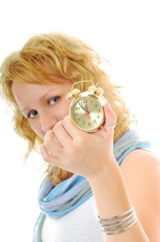 young happy woman hold clock isolated on white