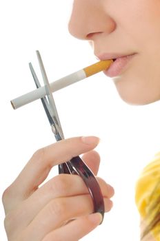 woman isolated on white stop smoking cigarette
