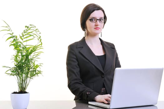 one young business woman isolated on white working on laptop computer