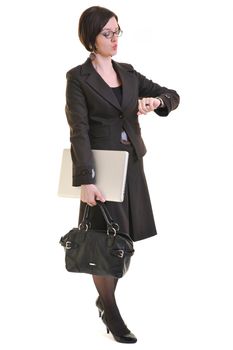 young business woman isolated on white talking on cellphone late on meeting and tlkinging on cellphone