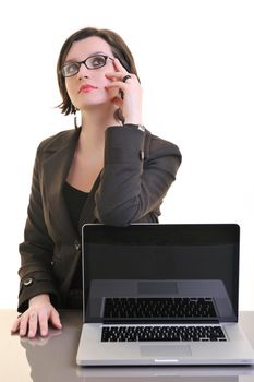 one young business woman isolated on white working on laptop computer