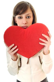 happy young woman with heart isolated on white