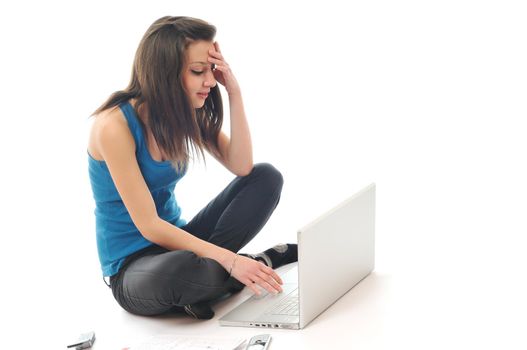 one young teen woman girl work on laptop isolated