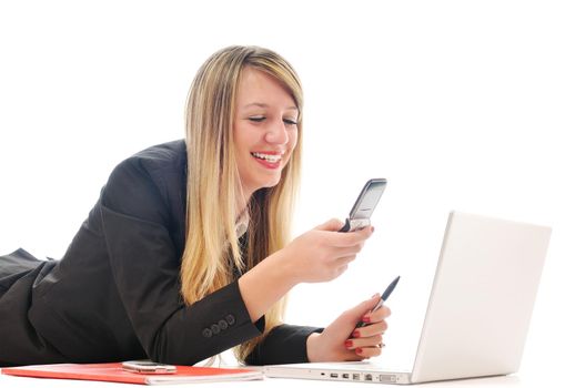 one young teen woman girl work on laptop isolated