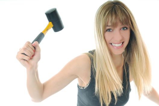 woman with hammer isolated on white