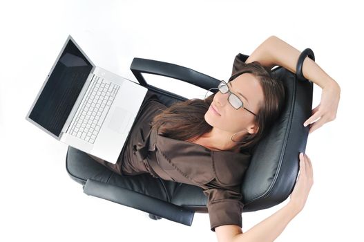 young beautiful business woman isolated on white workling on laptop computer