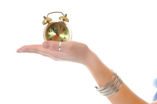 young happy woman hold clock isolated on white